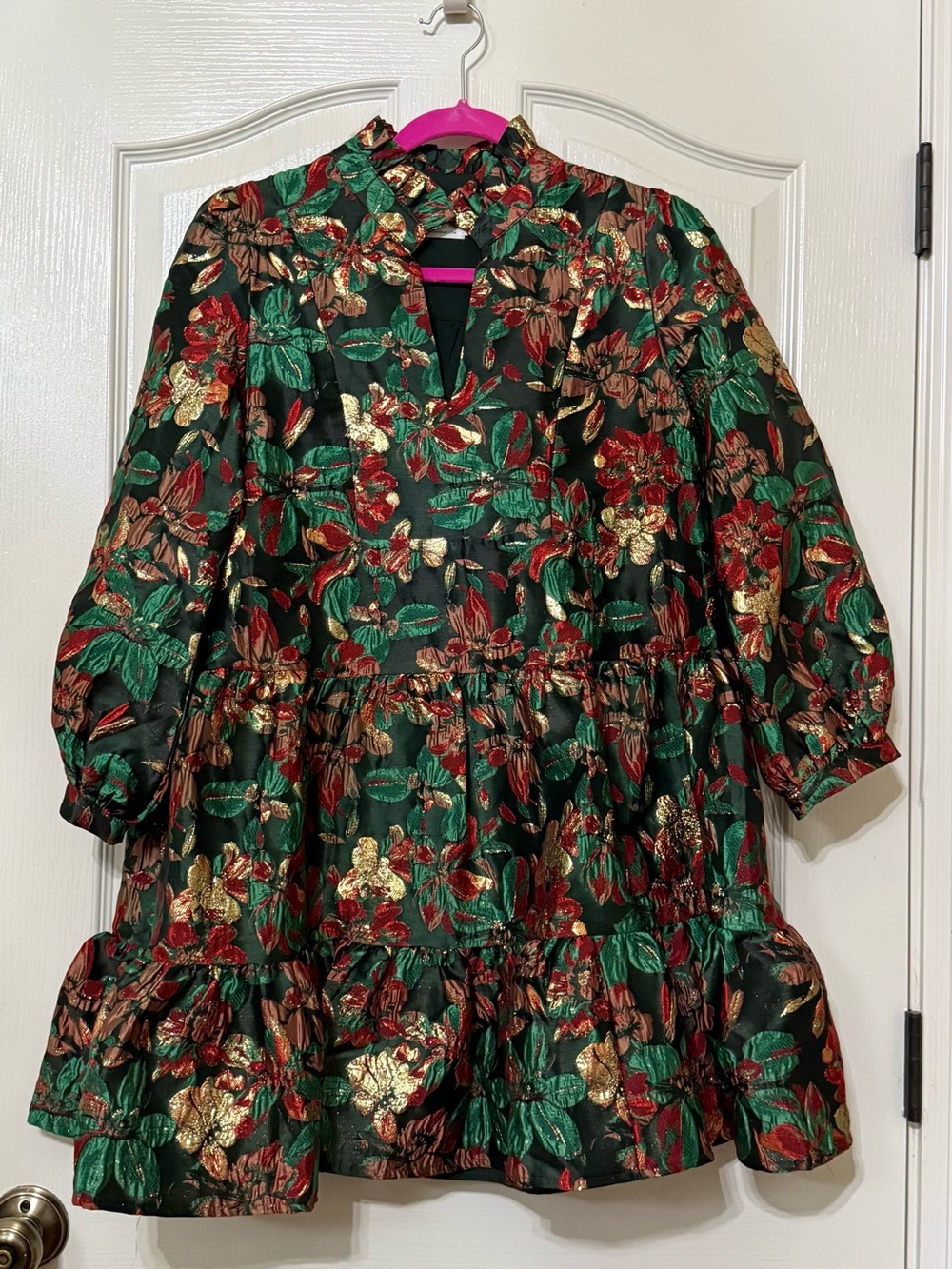 Women's Emerald Green & Red Metallic Floral Tiered Dress